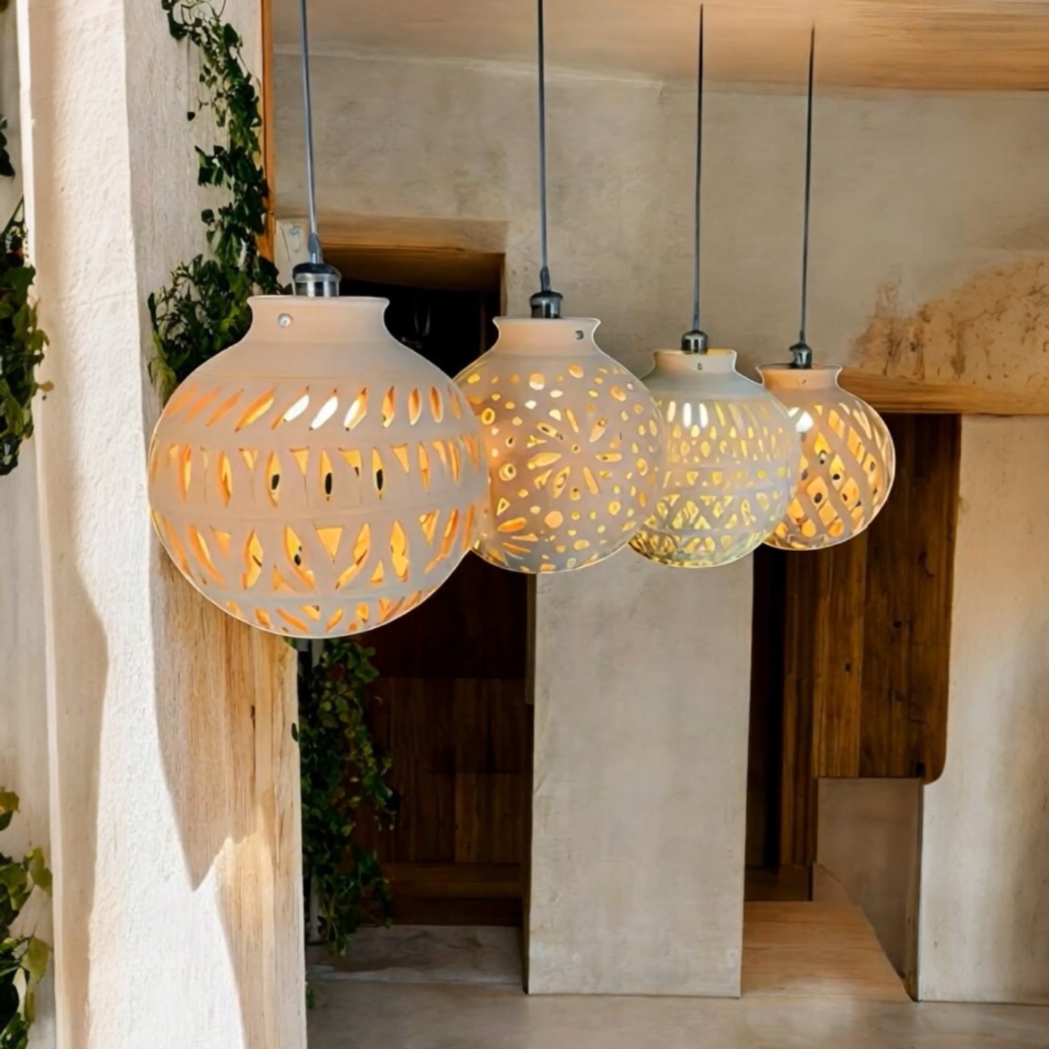 Apportez une touche d’élégance avec nos suspensions de plafond. Parfaites pour les espaces intérieurs ou extérieurs, elles diffusent une lumière chaleureuse tout en sublimant votre décor avec leur style artisanal unique.
